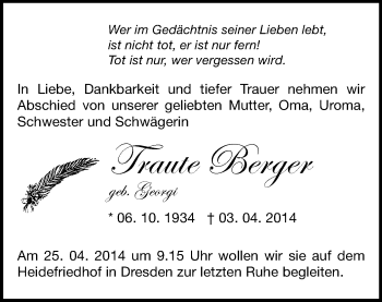 Todesanzeige von Traute Berger von Schwarzenberg