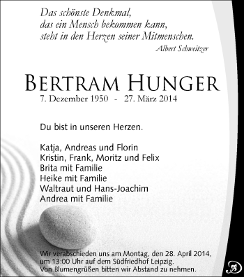 Todesanzeige von Bertram Hunger von Chemnitz