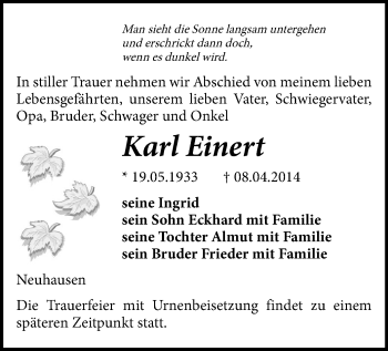 Todesanzeige von Karl Einert von Freiberg / Brand Erbisdorf, Marienberg