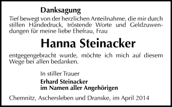 Todesanzeige von Hanna Steinacker von Chemnitz