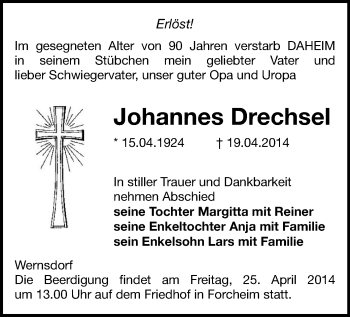 Todesanzeige von Johannes Drechsel von Marienberg