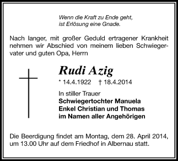 Todesanzeige von Rudi Azig von Aue