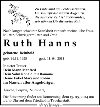 Todesanzeige von Ruth Hanns von Annaberg