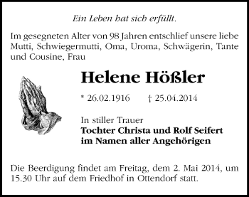 Todesanzeige von Helene Hößler von Mittweida