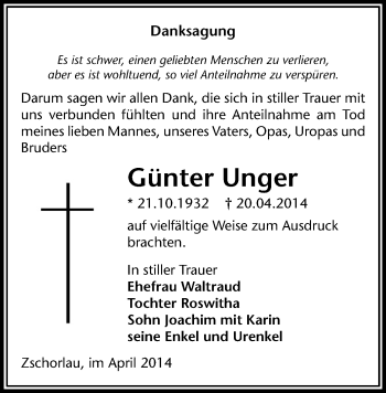 Todesanzeige von Günter Unger von Annaberg, Aue