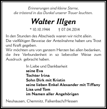 Todesanzeige von Walter Illgen von Freiberg / Brand Erbisdorf, Marienberg
