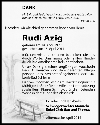 Todesanzeige von Rudi Azig  von Aue