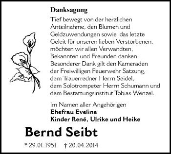Todesanzeige von Bernd Seibt von Marienberg