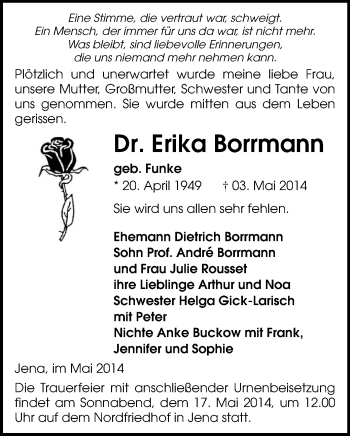 Todesanzeige von Erika Borrmann von Glauchau
