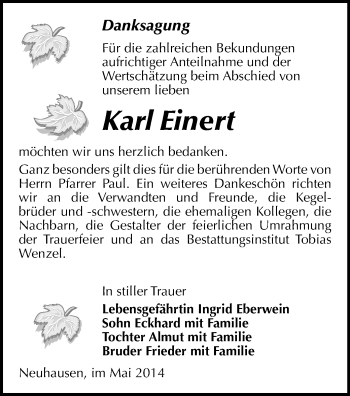 Todesanzeige von Karl Einert von Freiberg / Brand Erbisdorf, Marienberg