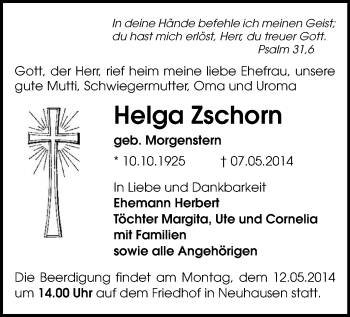Todesanzeige von Helga Zschorn von Freiberg / Brand Erbisdorf, Marienberg