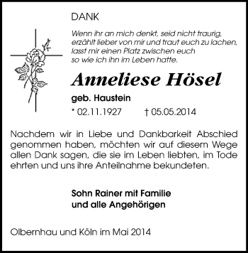 Todesanzeige von Anneliese Hösel von Marienberg