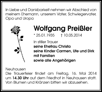 Todesanzeige von Wolfgang Preißler von Freiberg / Brand Erbisdorf, Marienberg