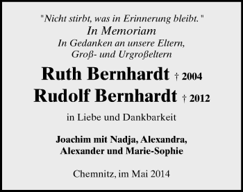 Todesanzeige von Ruth und Rudolf Bernhardt von Zwickau