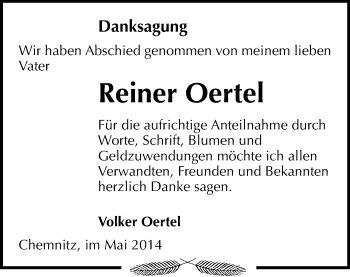 Todesanzeige von Reiner Oertel von Chemnitz