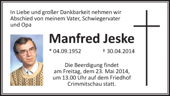 Todesanzeige von Manfred Jeske von Werdau
