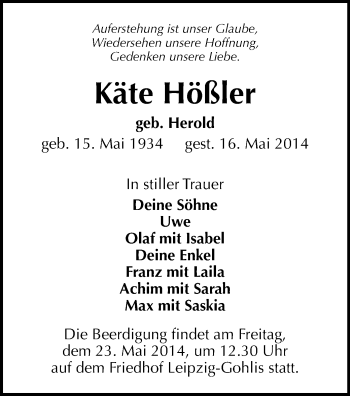 Todesanzeige von Käte Hößler von Chemnitz