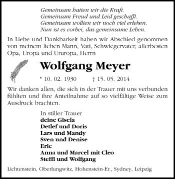 Todesanzeige von Wolfgang Meyer von Hohenstein-Ernstthal