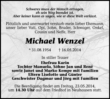 Todesanzeige von Michael Wenzel von Freiberg / Brand Erbisdorf, Marienberg