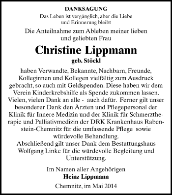 Todesanzeige von Christine Lippmann von Aue, Chemnitz, Flöha, Stollberg