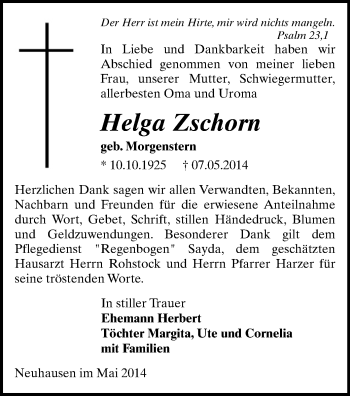Todesanzeige von Helga Zschorn von Freiberg / Brand Erbisdorf, Marienberg