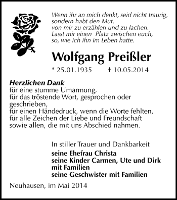 Todesanzeige von Wolfgang Preißler von Freiberg / Brand Erbisdorf, Marienberg