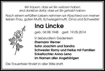 Todesanzeige von Ina Lincke von Rochlitz