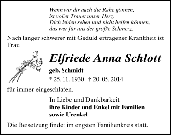 Todesanzeige von Elfriede Anna Schlott von Zwickau