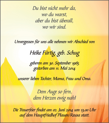 Todesanzeige von Heike Fürzig von Plauen