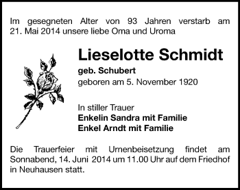 Todesanzeige von Lieselotte S-chmidt von Marienberg