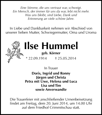 Todesanzeige von llse Hummel von Werdau