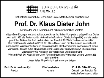 Todesanzeige von Dieter John von Chemnitz, Stollberg