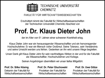 Todesanzeige von Dieter John von Chemnitz, Stollberg