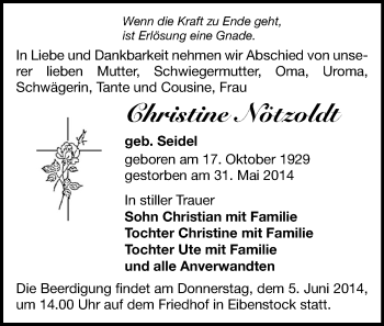 Todesanzeige von Christine Nötzoldt von Aue