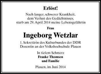 Todesanzeige von Ingeborg Wetzlar von Plauen