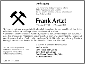 Todesanzeige von Frank Artzt von Aue