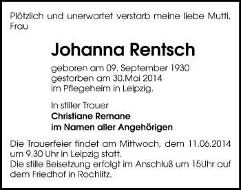 Todesanzeige von Johanna Rentsch von Rochlitz