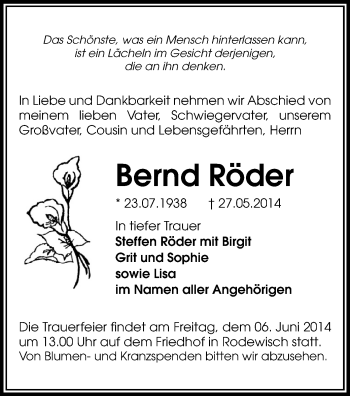Todesanzeige von Bernd Röder von Auerbach