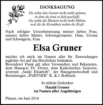Todesanzeige von Elsa Gruner von Plauen