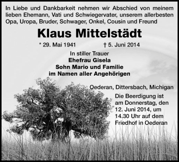 Todesanzeige von Klaus Mittelstädt von Flöha