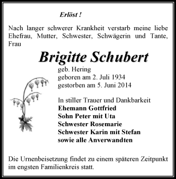 Todesanzeige von Brigitte Schubert von Annaberg