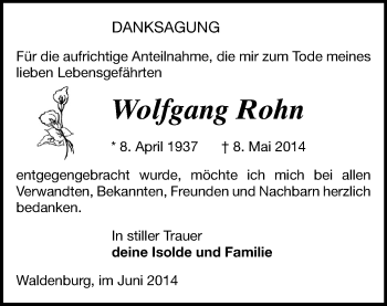 Todesanzeige von Wolfgang Rohn von Glauchau