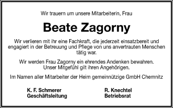 Todesanzeige von Beate Zagorny von Chemnitz