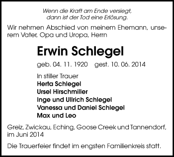 Todesanzeige von Erwin Schlegel von Zwickau