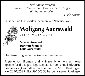 Todesanzeige von Wolfgang Auerswald von Aue