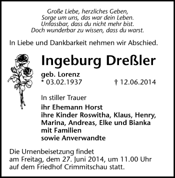 Todesanzeige von Ingeburg Dreßler von Werdau