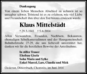 Todesanzeige von Klaus Mittelstädt von Flöha