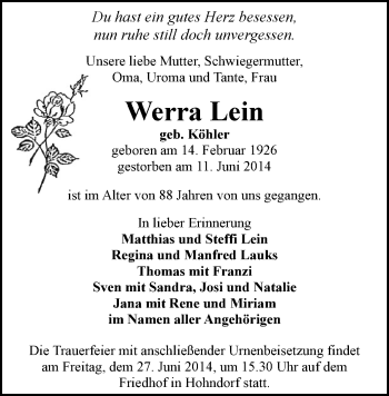 Todesanzeige von Werra Lein von Stollberg