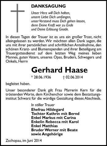 Todesanzeige von Gerhard Haase von Zschopau