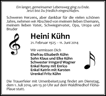 Todesanzeige von Heini Kühn von Flöha